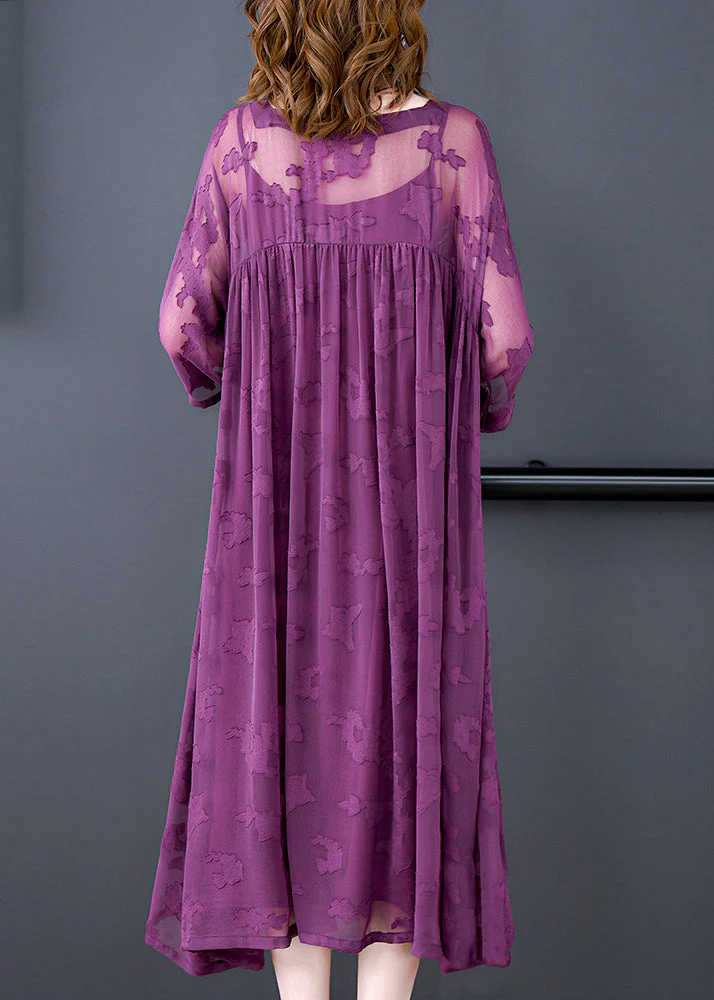 Purple Hollow Out Chiffon Dress Two Piece Set Women Clothing Wrinkled Summer - Image 3