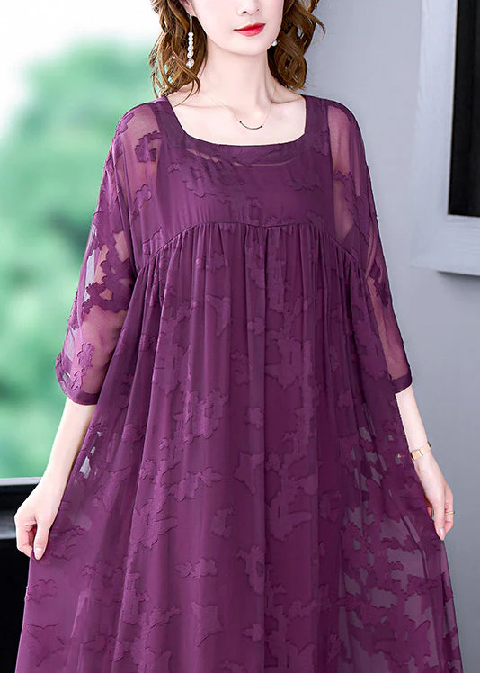 Purple Hollow Out Chiffon Dress Two Piece Set Women Clothing Wrinkled Summer - Image 4