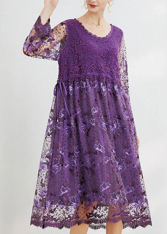 Purple Hollow Out Lace Patchwork Maxi Dresses O Neck Spring - Image 2