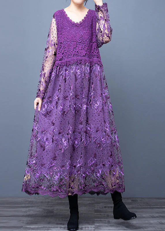 Purple Hollow Out Lace Patchwork Maxi Dresses O Neck Spring - Image 3