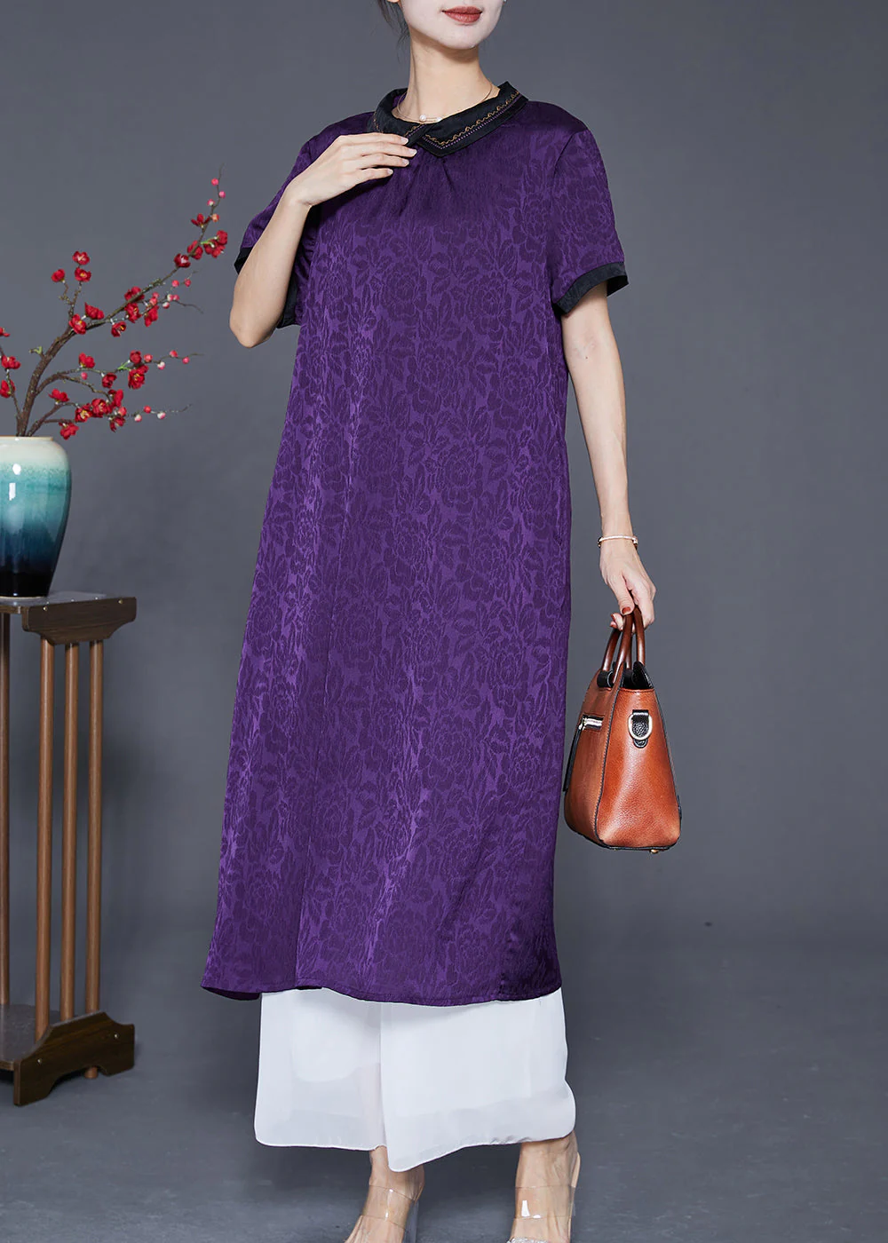 Purple Jacquard Silk Long Dress Oversized Turn-down Collar Summer - Image 2