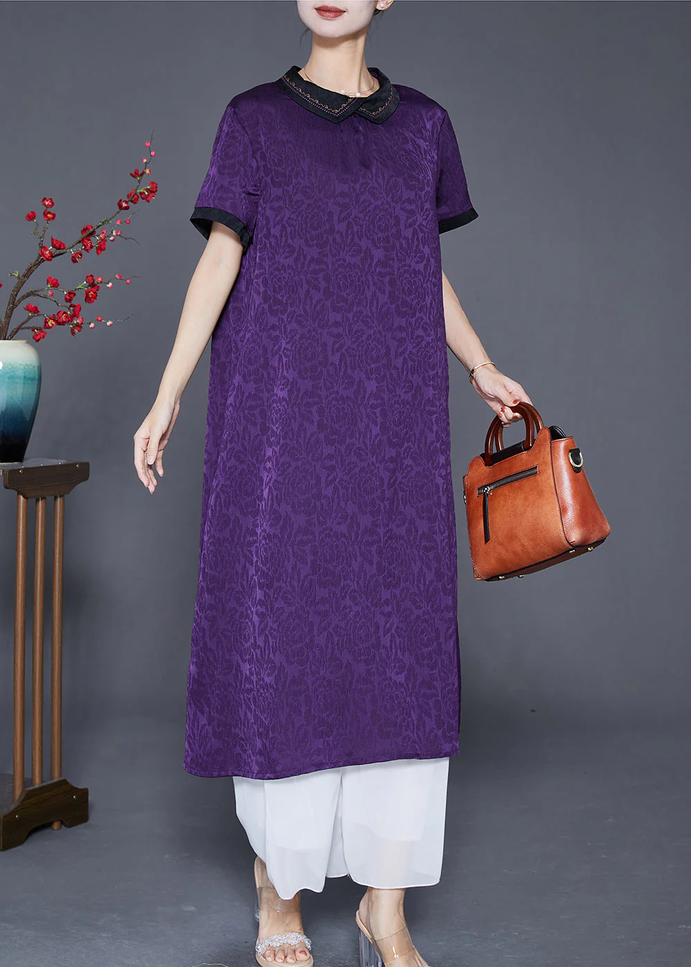 Purple Jacquard Silk Long Dress Oversized Turn-down Collar Summer - Image 3