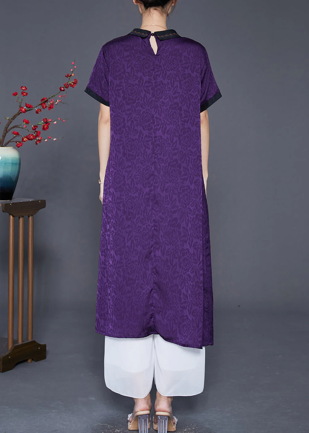 Purple Jacquard Silk Long Dress Oversized Turn-down Collar Summer - Image 4