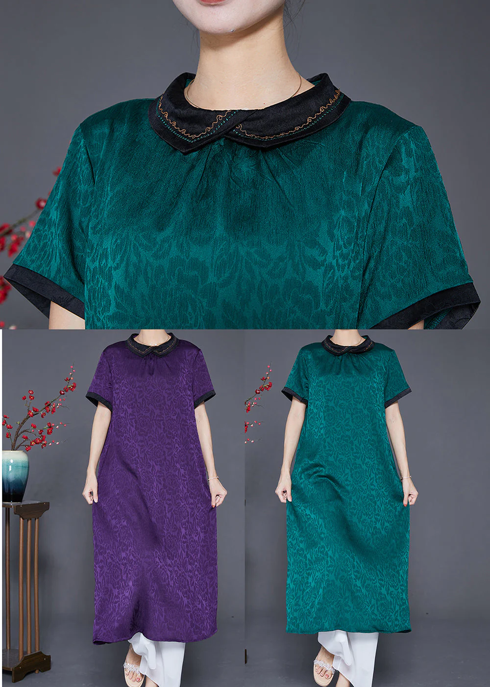 Purple Jacquard Silk Long Dress Oversized Turn-down Collar Summer - Image 5