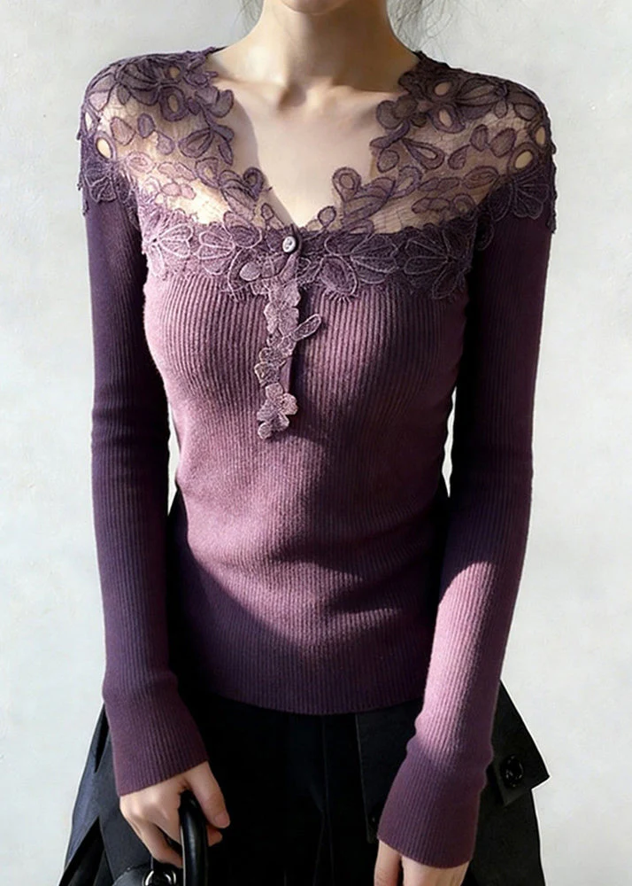 Purple Lace Patchwork Knit Knitted Tops V Neck Spring - Image 2