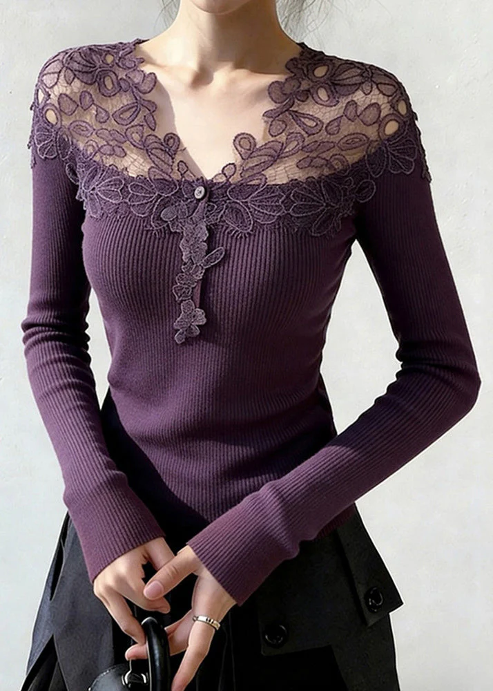 Purple Lace Patchwork Knit Knitted Tops V Neck Spring - Image 3