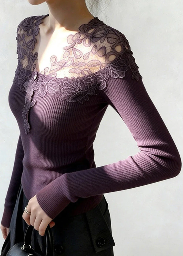Purple Lace Patchwork Knit Knitted Tops V Neck Spring - Image 4