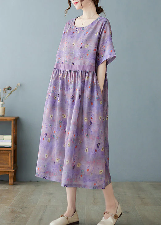Purple Linen vacation Dresses O-Neck Extra large hem Short Sleeve - Image 3