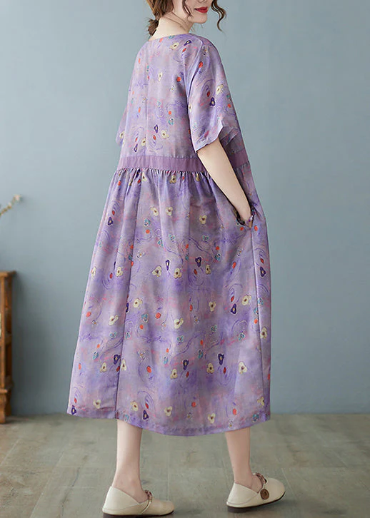 Purple Linen vacation Dresses O-Neck Extra large hem Short Sleeve - Image 4