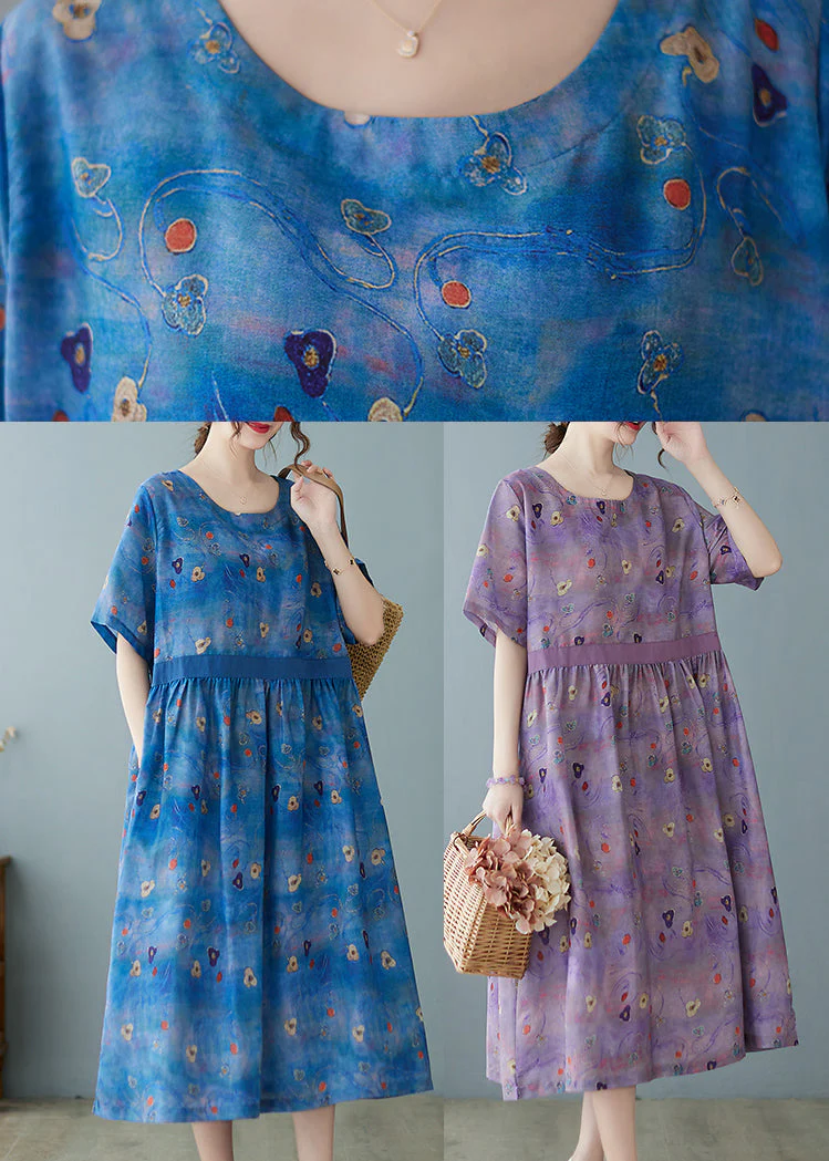Purple Linen vacation Dresses O-Neck Extra large hem Short Sleeve - Image 5