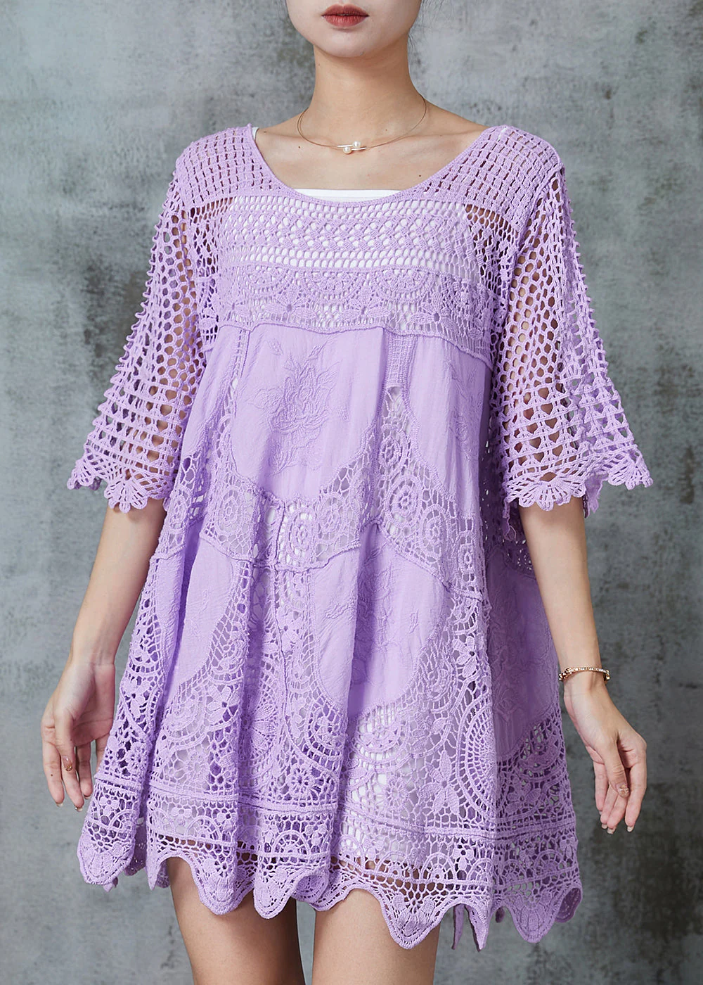 Purple Loose Lace Mini Dress Hollow Out Summer - Image 3