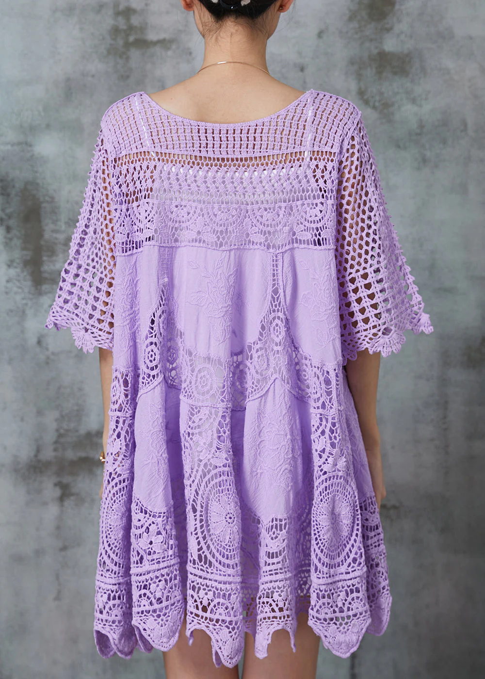 Purple Loose Lace Mini Dress Hollow Out Summer - Image 4