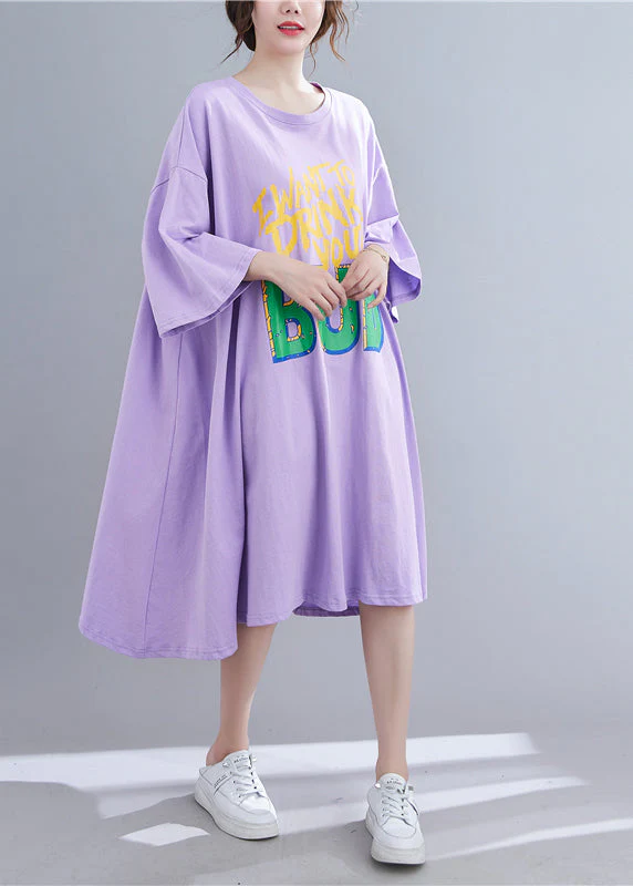 Purple O-Neck Long Dress Long Sleeve - Image 3