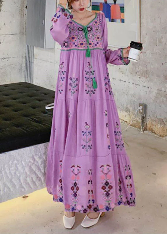 Purple O-Neck Neck Tie Tassel Patchwork Cotton Holiday Dress Long Sleeve - Image 2