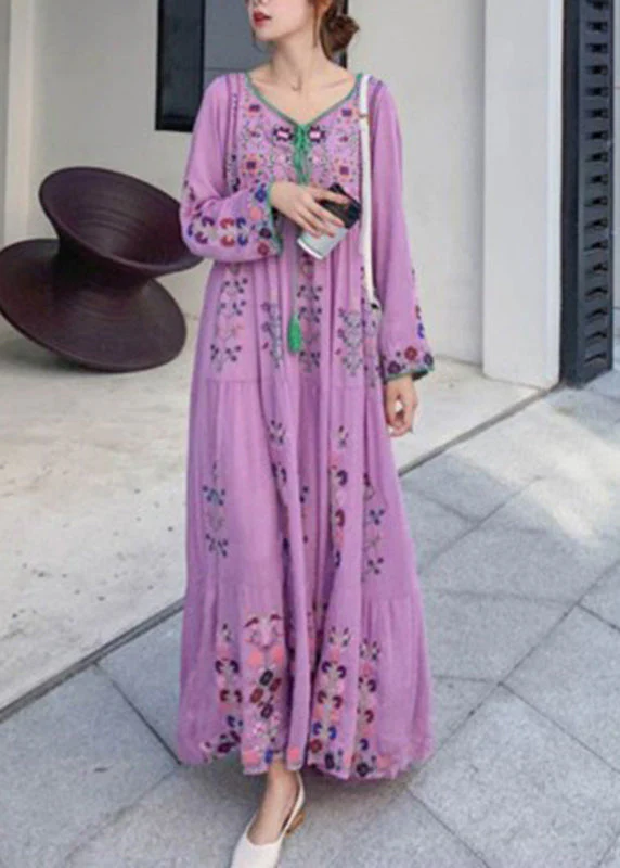 Purple O-Neck Neck Tie Tassel Patchwork Cotton Holiday Dress Long Sleeve - Image 3