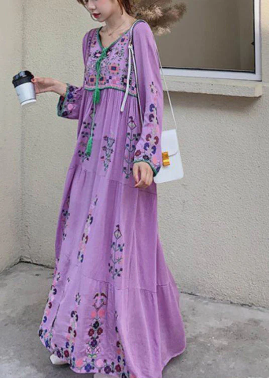 Purple O-Neck Neck Tie Tassel Patchwork Cotton Holiday Dress Long Sleeve - Image 4