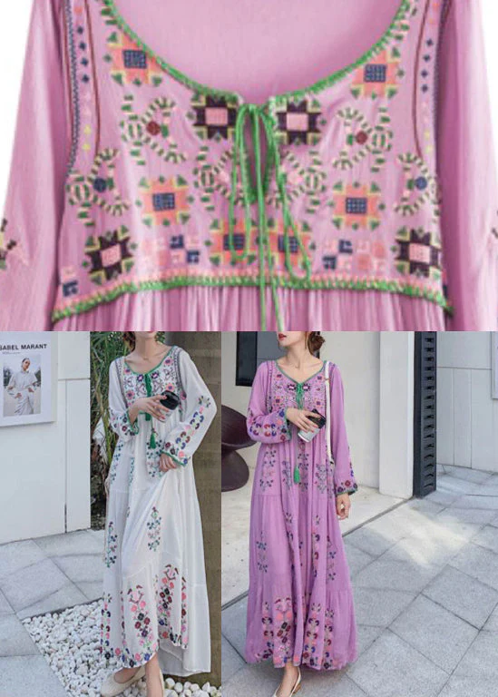Purple O-Neck Neck Tie Tassel Patchwork Cotton Holiday Dress Long Sleeve - Image 5