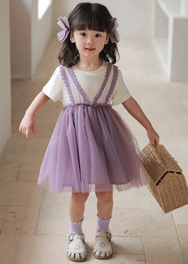 Purple O-Neck Tulle Girls Vacation Mid Dresses Short Sleeve - Image 2
