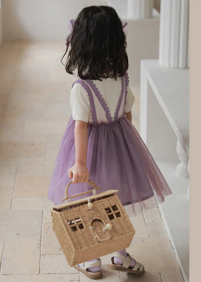 Purple O-Neck Tulle Girls Vacation Mid Dresses Short Sleeve - Image 4