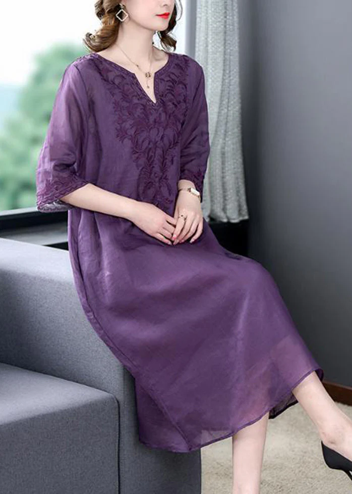 Purple Oversized Linen Silk Dress V Neck Embroideried Summer - Image 2