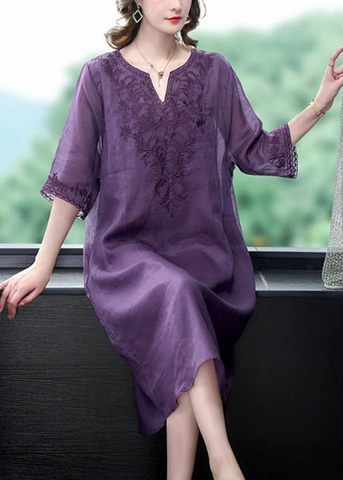 Purple Oversized Linen Silk Dress V Neck Embroideried Summer - Image 3