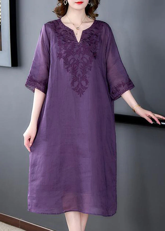 Purple Oversized Linen Silk Dress V Neck Embroideried Summer - Image 4