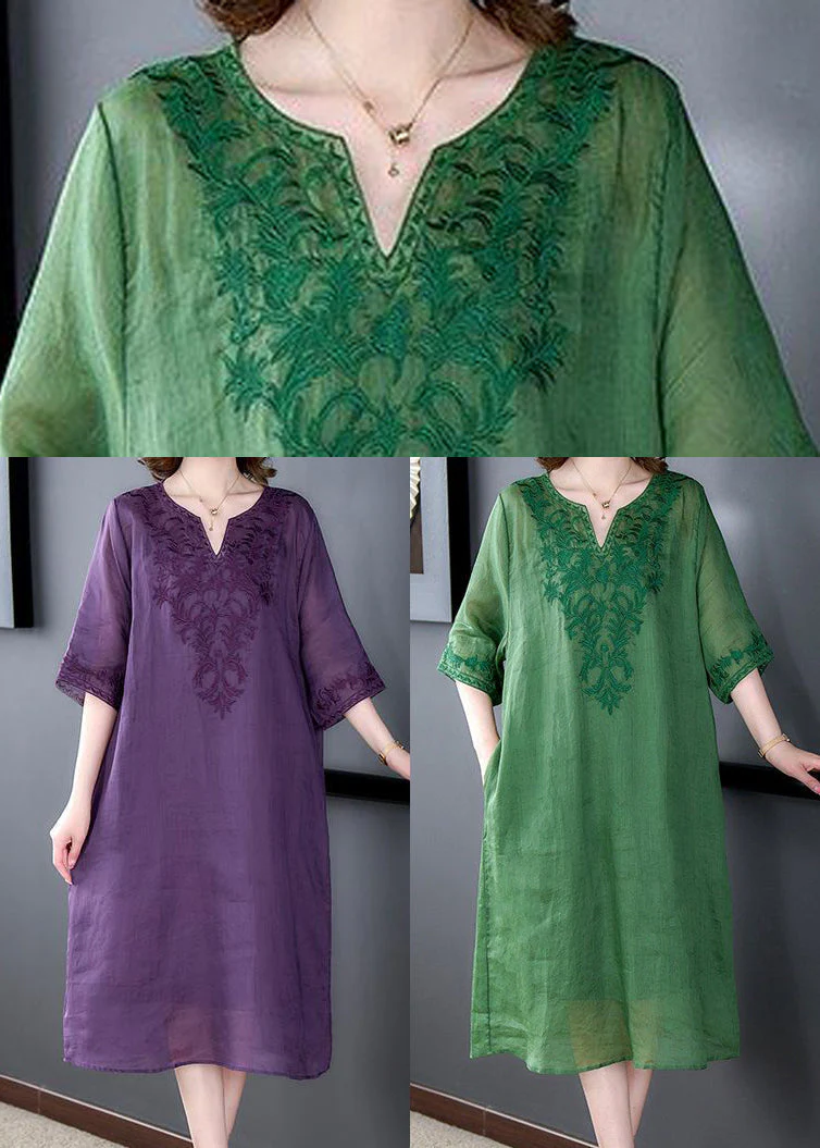 Purple Oversized Linen Silk Dress V Neck Embroideried Summer - Image 5