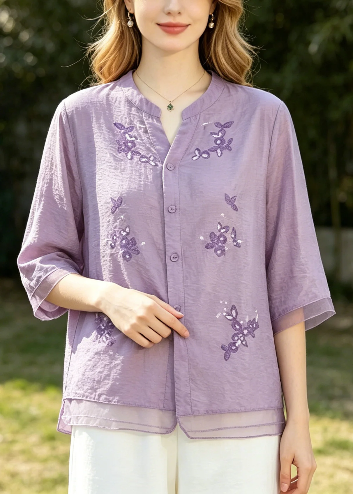 Purple Patchwork Cotton Top Embroidered Half Sleeve - Image 3