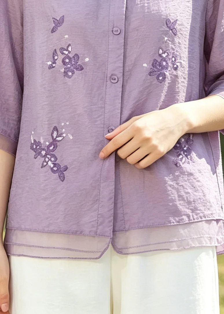 Purple Patchwork Cotton Top Embroidered Half Sleeve - Image 4