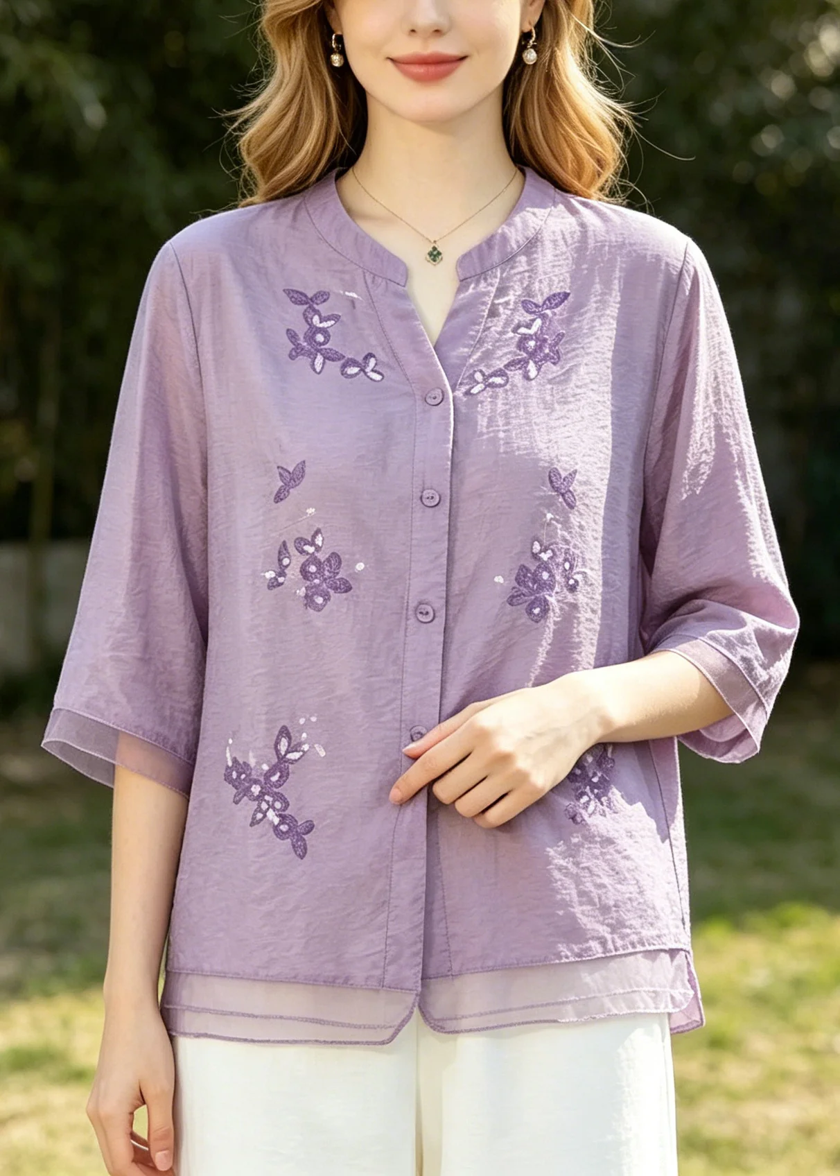 Purple Patchwork Cotton Top Embroidered Half Sleeve - Image 5