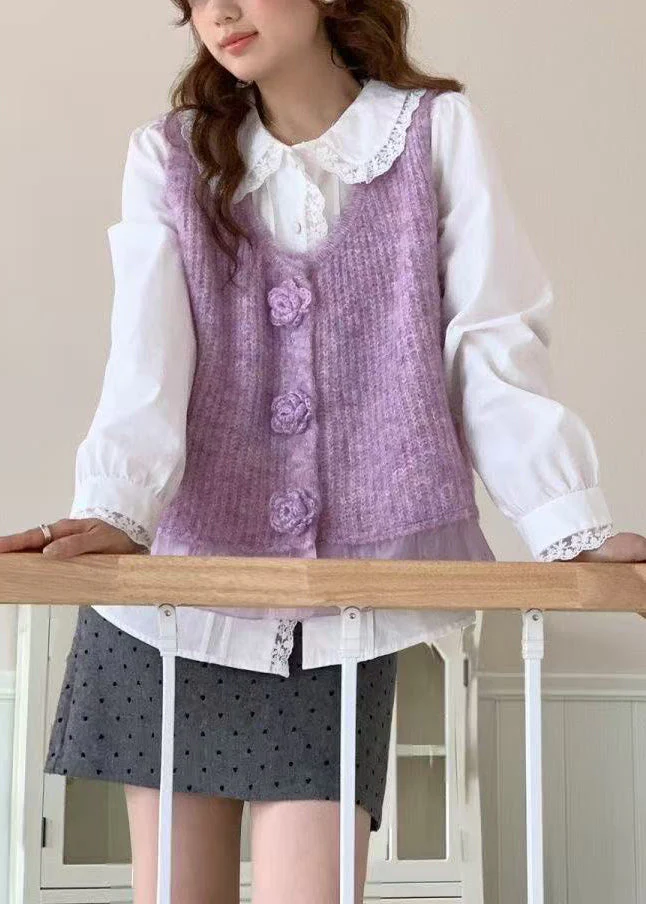 Purple Patchwork Knit Vests V Neck Floral Decorated Spring - Image 2