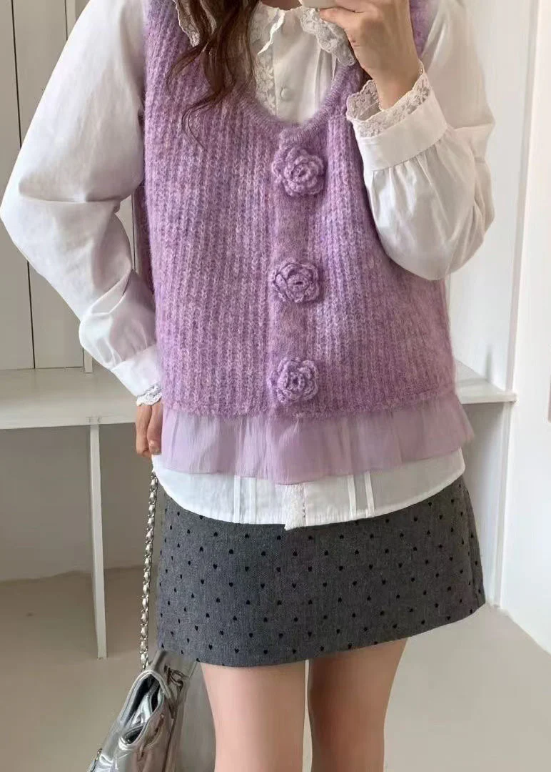 Purple Patchwork Knit Vests V Neck Floral Decorated Spring - Image 4