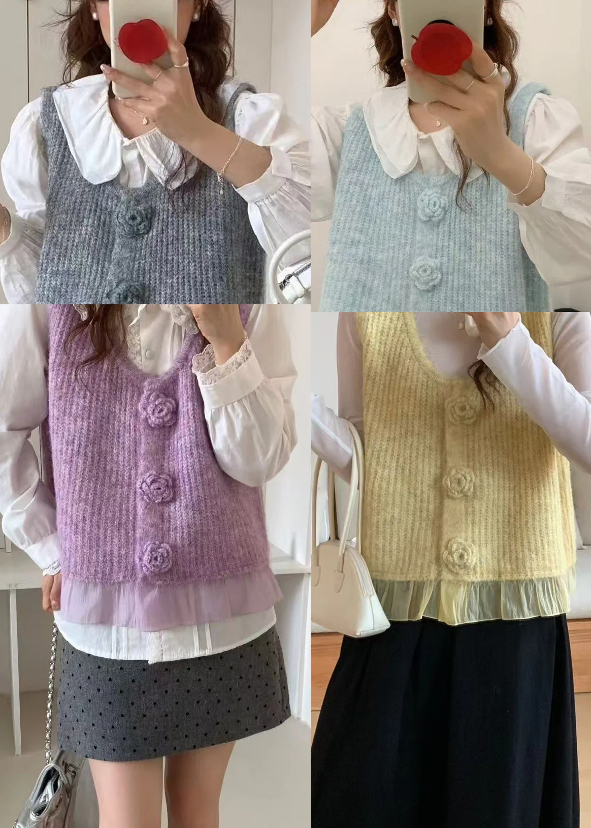 Purple Patchwork Knit Vests V Neck Floral Decorated Spring - Image 5
