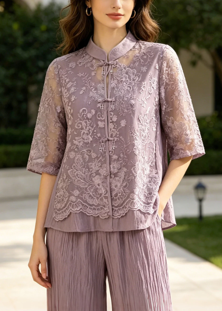 Purple Patchwork Lace Women Sets 2 Pieces Mandarin Collar Summer - Image 2