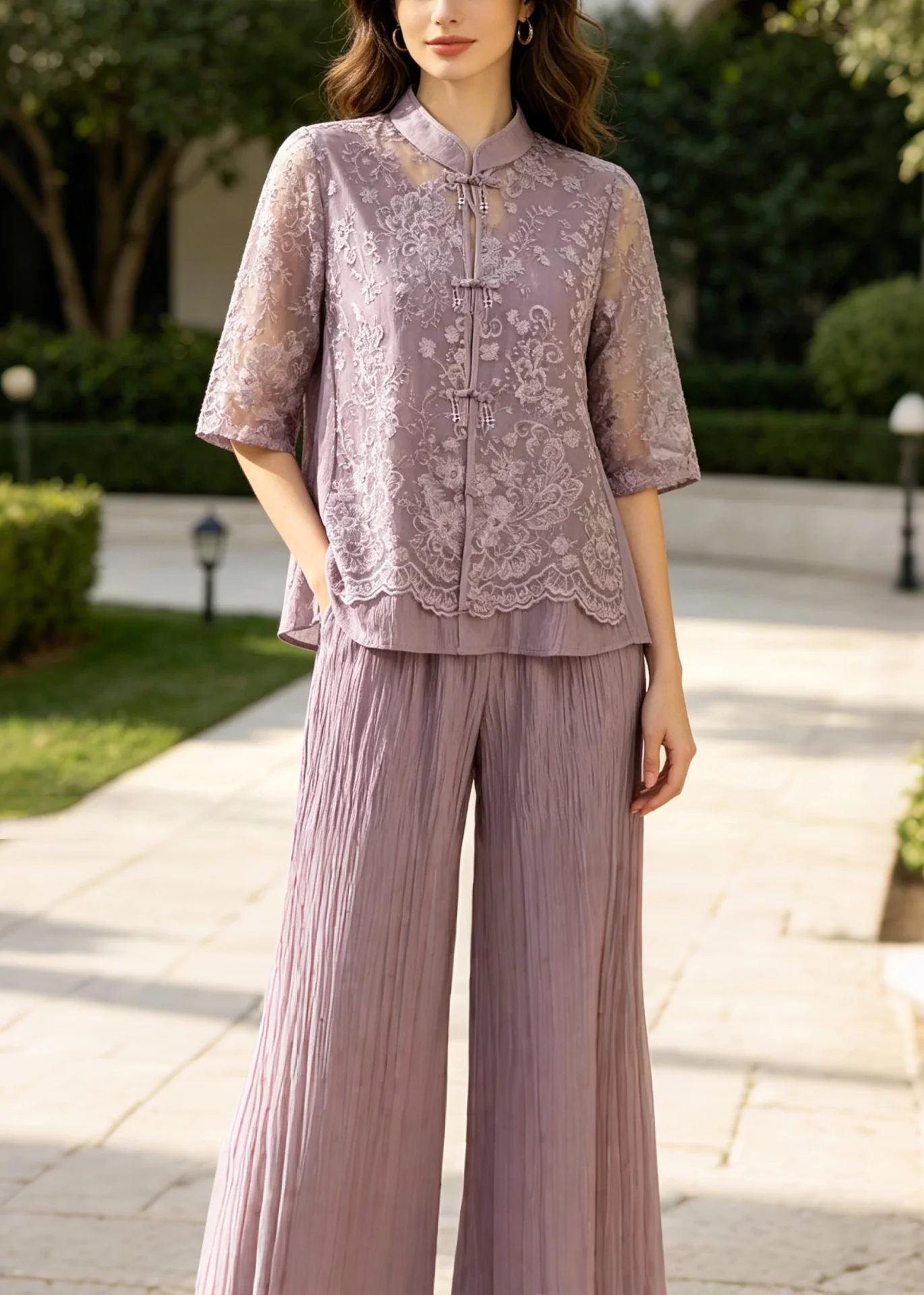 Purple Patchwork Lace Women Sets 2 Pieces Mandarin Collar Summer - Image 3