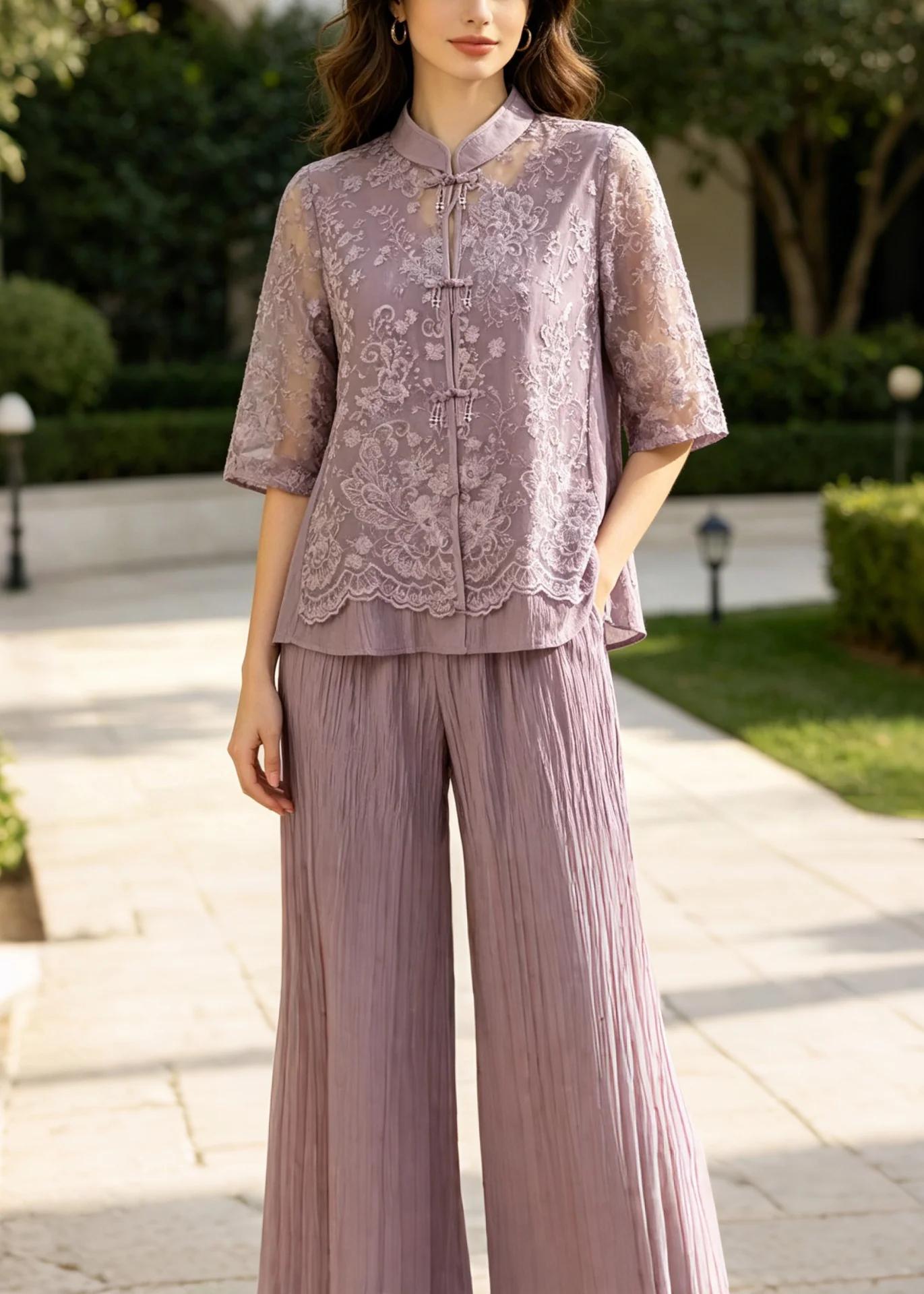 Purple Patchwork Lace Women Sets 2 Pieces Mandarin Collar Summer - Image 5