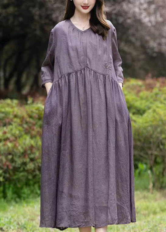 Purple Patchwork Linen Dress V Neck Embroideried Wrinkled Summer - Image 3