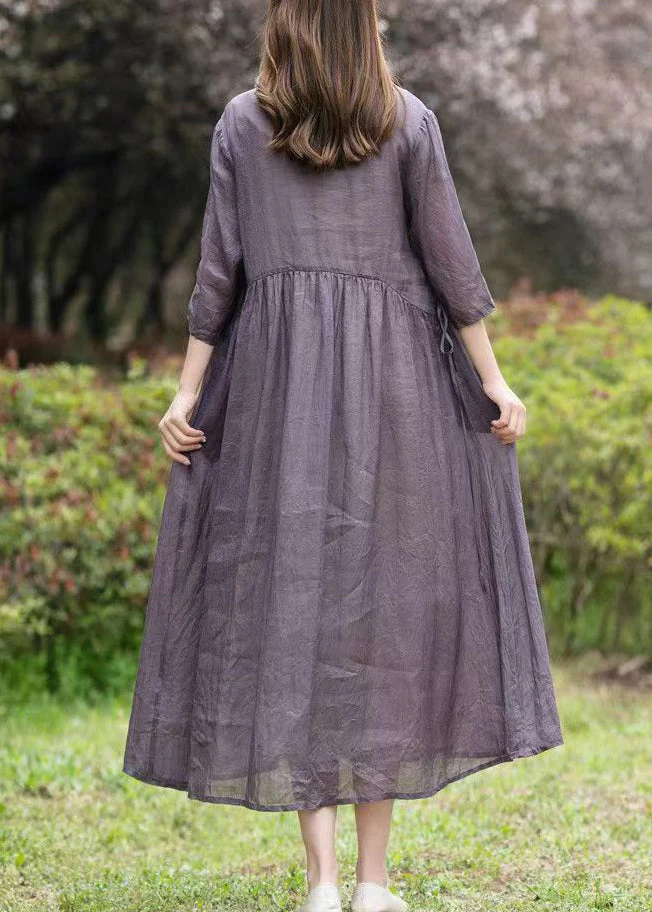 Purple Patchwork Linen Dress V Neck Embroideried Wrinkled Summer - Image 4