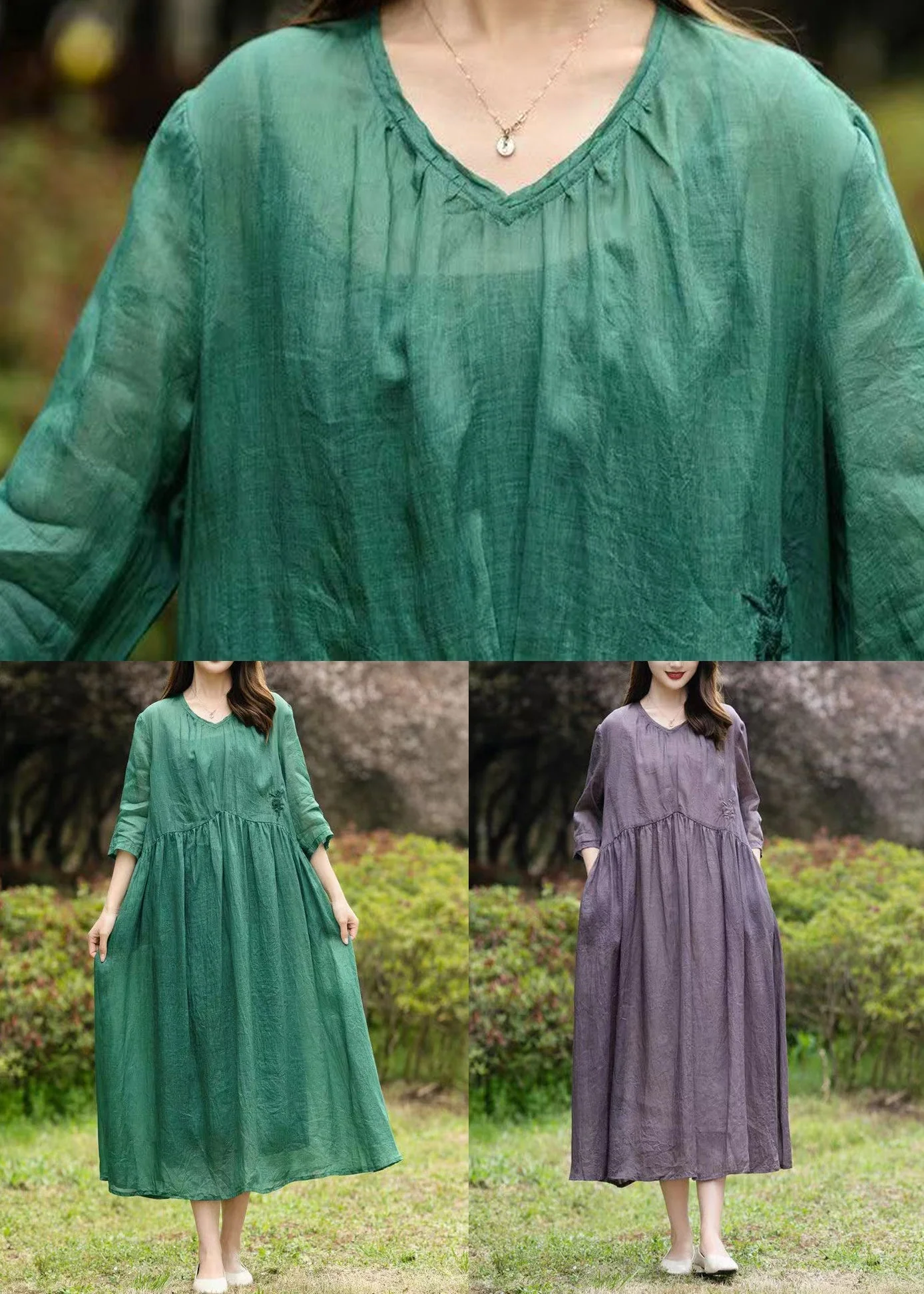 Purple Patchwork Linen Dress V Neck Embroideried Wrinkled Summer - Image 5