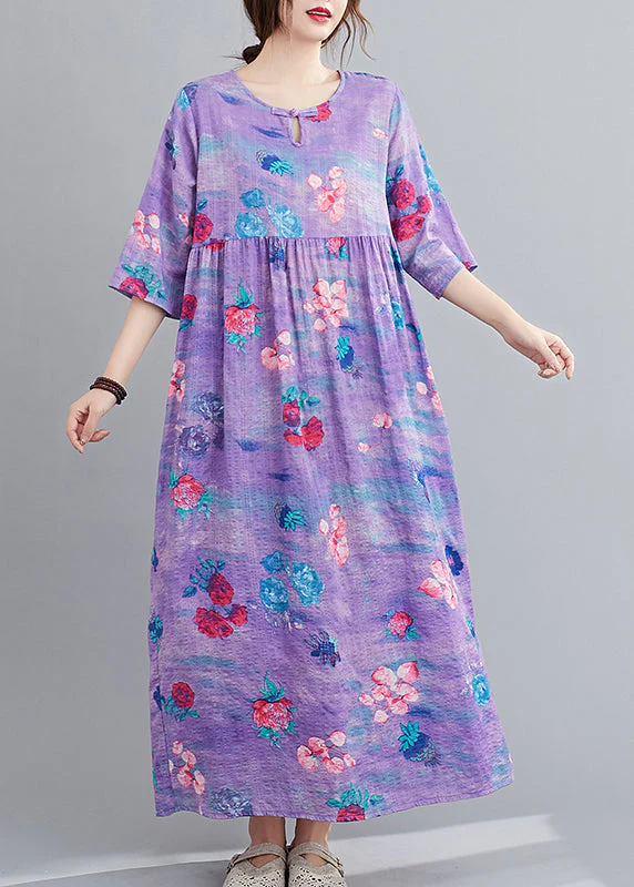 Purple Patchwork Linen Long Dress Wrinkled Half Sleeve - Image 2
