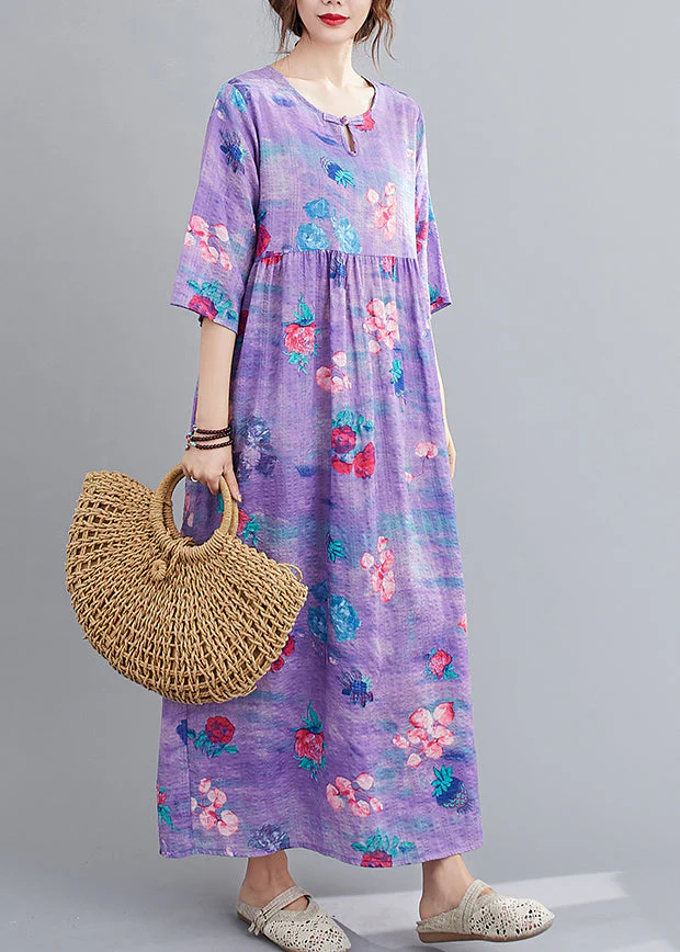 Purple Patchwork Linen Long Dress Wrinkled Half Sleeve - Image 3