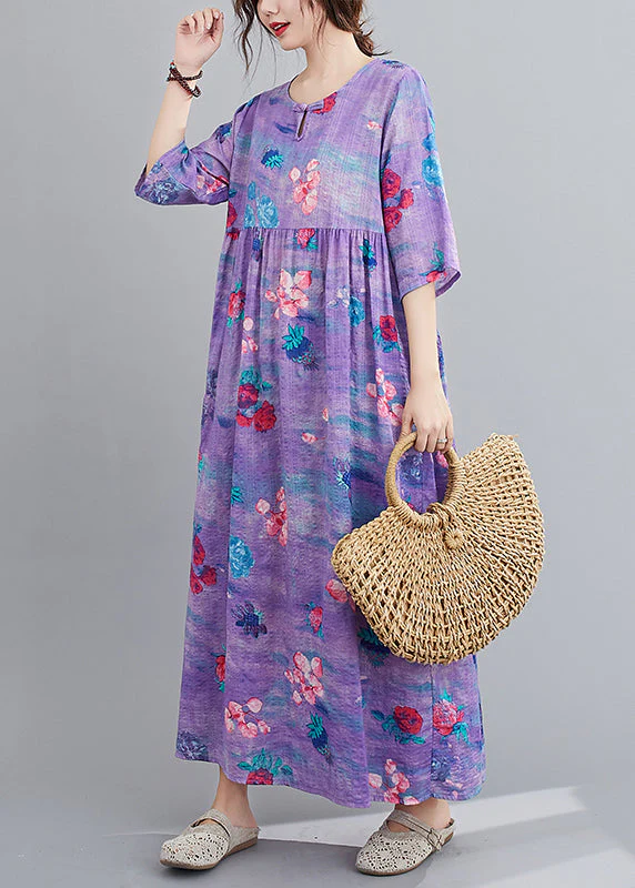 Purple Patchwork Linen Long Dress Wrinkled Half Sleeve - Image 4