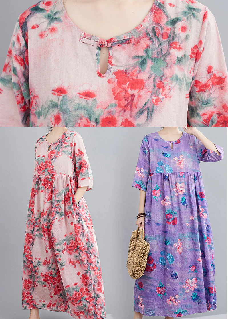 Purple Patchwork Linen Long Dress Wrinkled Half Sleeve - Image 5