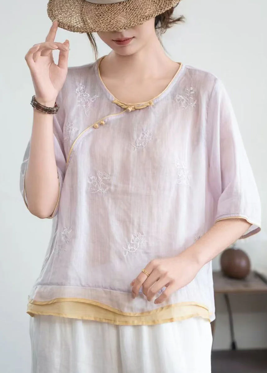 Purple Patchwork Linen Top Embroidered Chinese Button Summer - Image 2