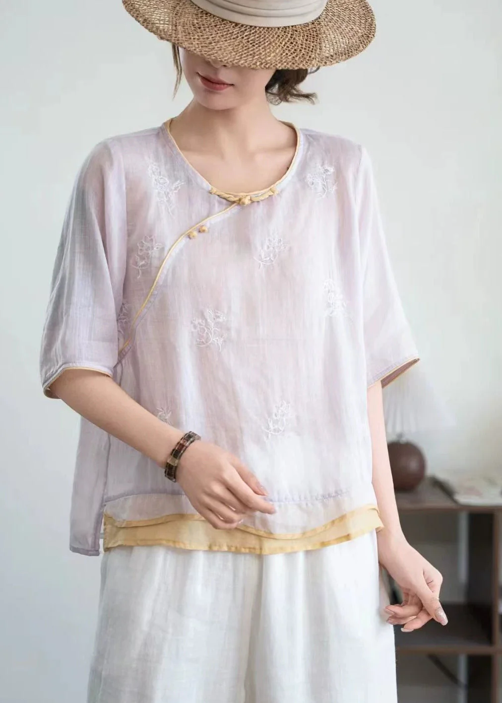 Purple Patchwork Linen Top Embroidered Chinese Button Summer - Image 3