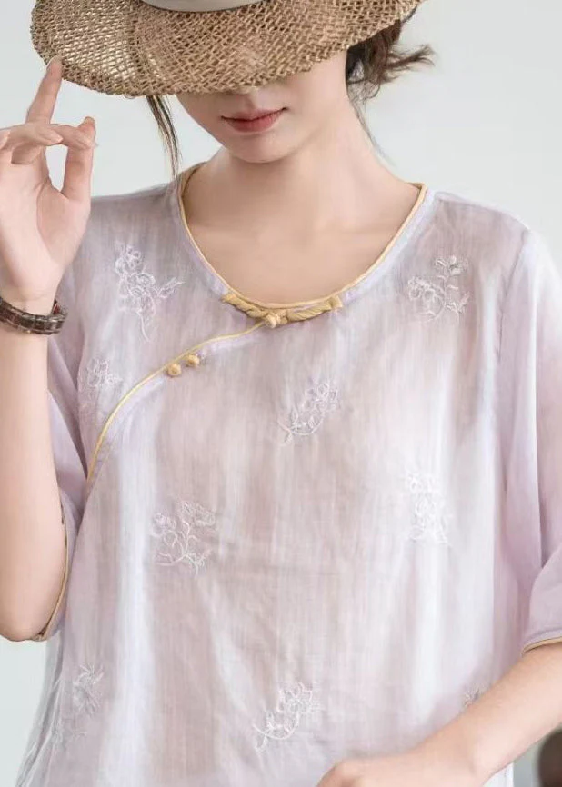 Purple Patchwork Linen Top Embroidered Chinese Button Summer - Image 4