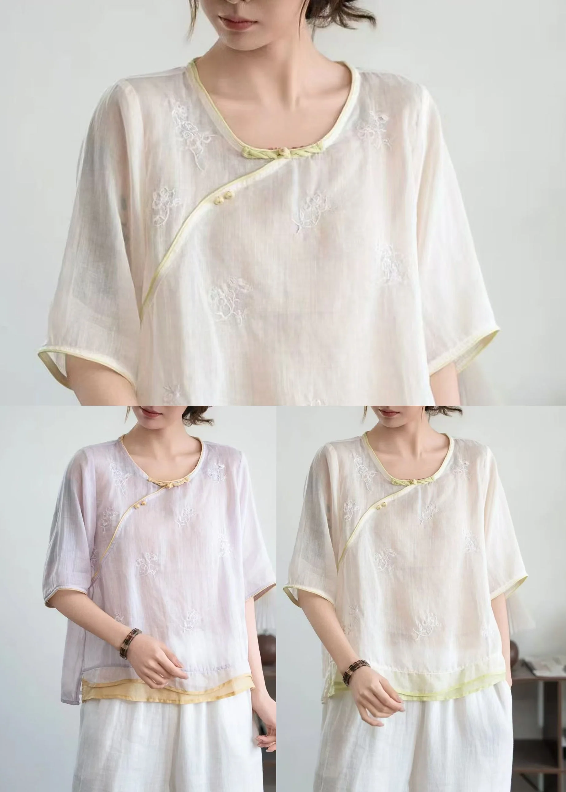Purple Patchwork Linen Top Embroidered Chinese Button Summer - Image 5
