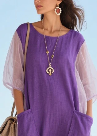 Purple Patchwork Tulle Vacation Dress Oversized Pockets Summer - Image 2