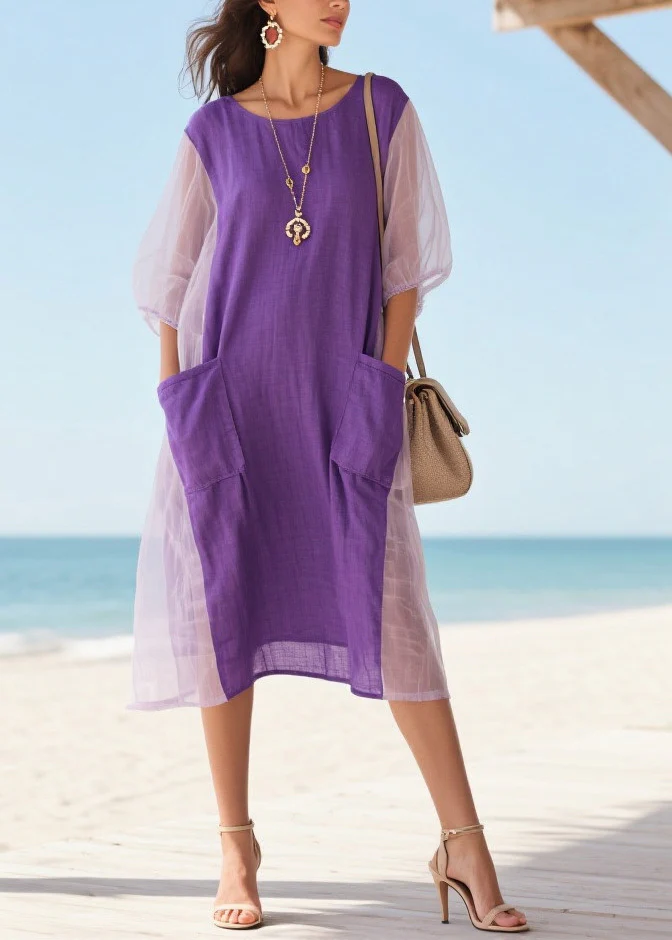 Purple Patchwork Tulle Vacation Dress Oversized Pockets Summer - Image 3