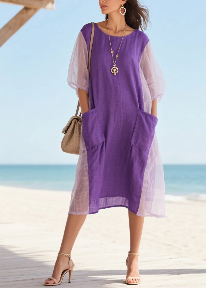 Purple Patchwork Tulle Vacation Dress Oversized Pockets Summer - Image 5